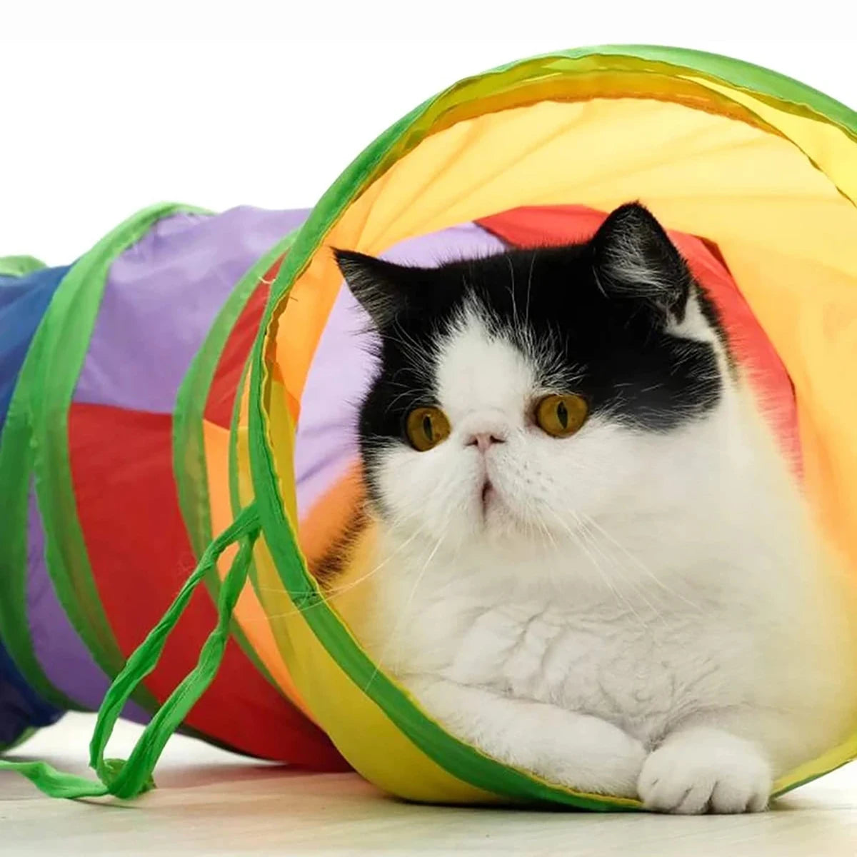 Túnel de juego para gatos de la marca Happy Pets LS, hecho de tela resistente y colorido, ideal para activar y entretener a los felinos.