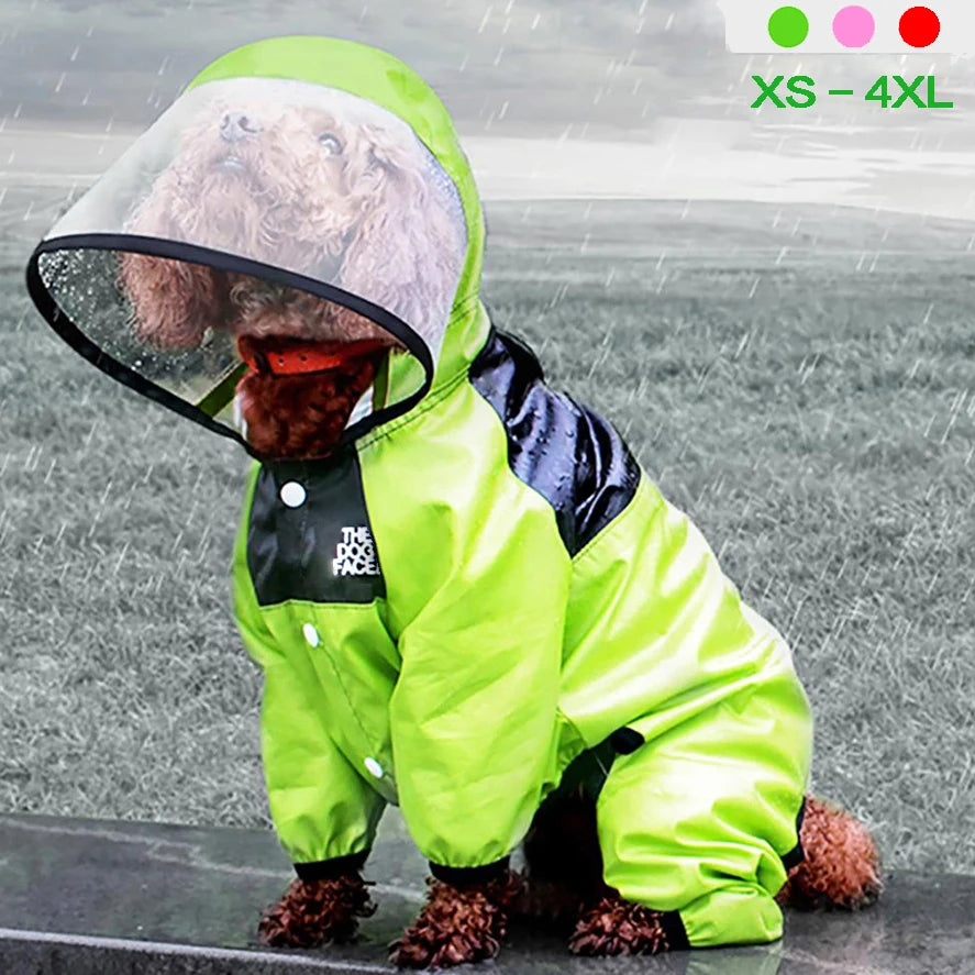 Abrigo impermeable para perros de la marca Happy Pets LS, con capucha y costuras selladas para protección contra la lluvia.