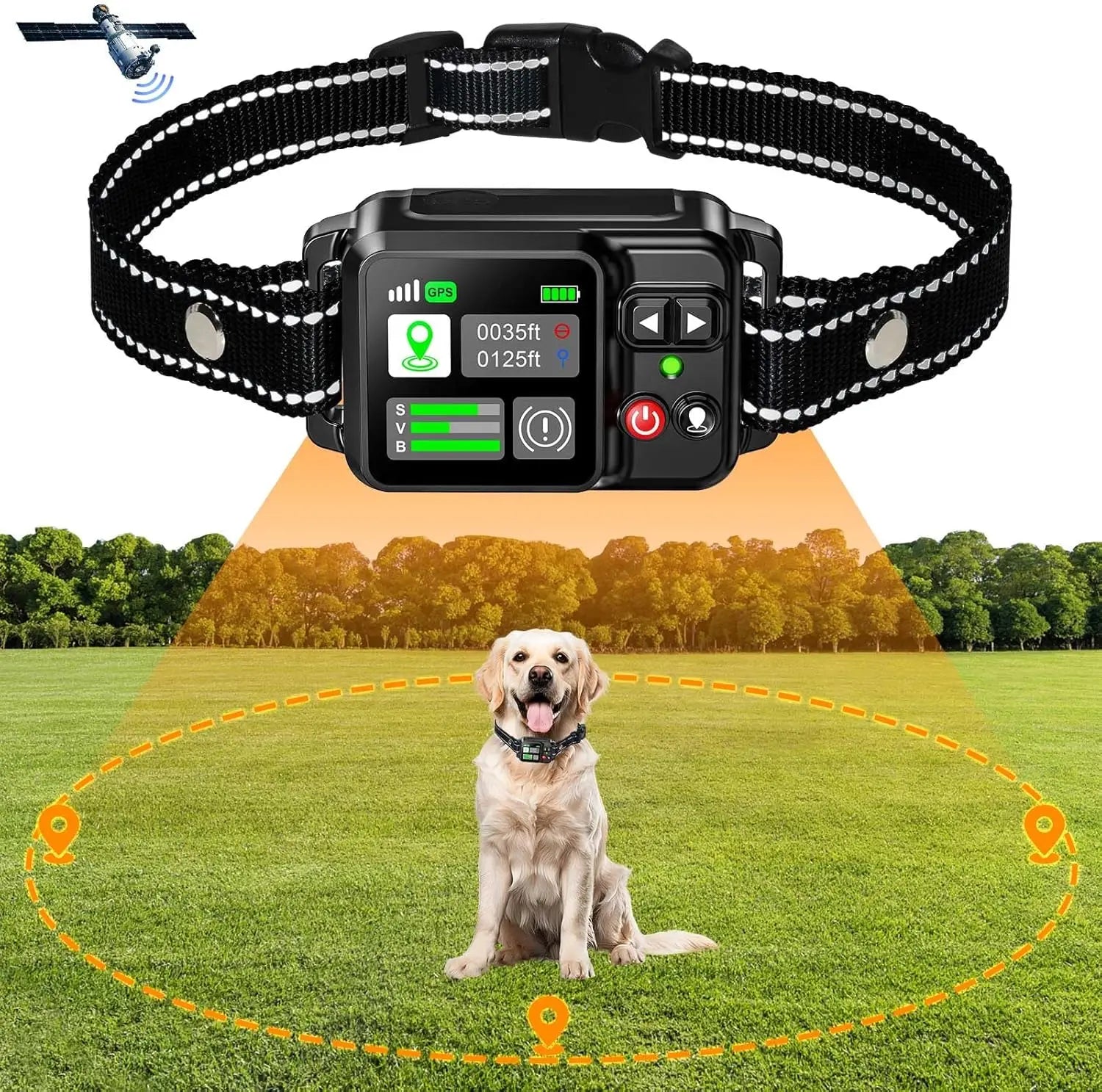 Cercado inalámbrico para perros con GPS de la marca Happy Pets LS, muestra el dispositivo y la instalación en un espacio exterior