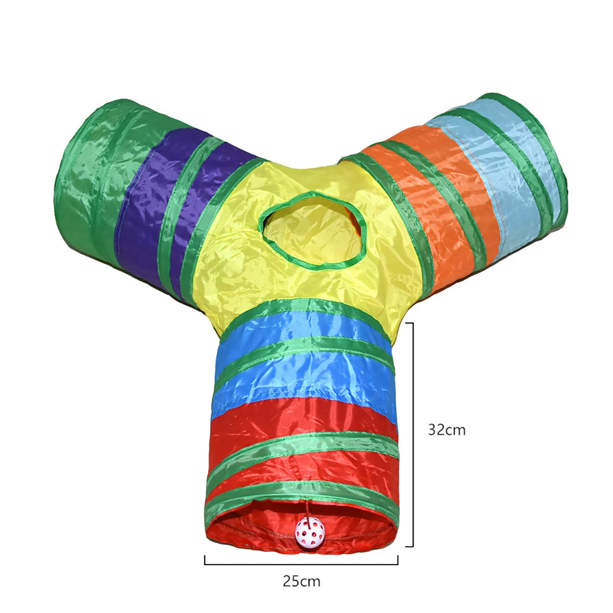 Túnel de juego para gatos de la marca Happy Pets LS, hecho de tela resistente con entrada y salida en ambos extremos.